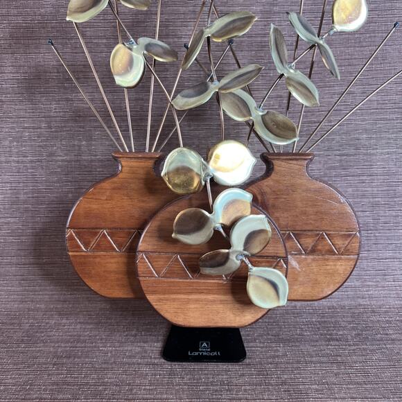 Vintage Metal Leaf Wood Vase Wall Hanging – Gold Eucalyptus Trio – Mid Century - Picture 2 of 14